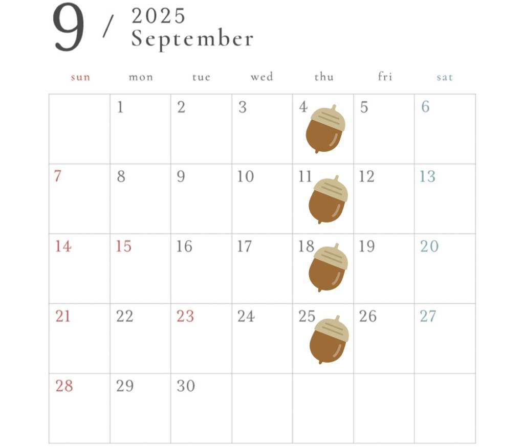 ９月定休日のご案内